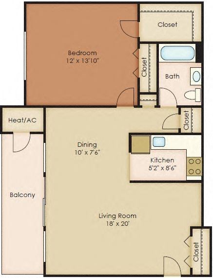 Floor plan for 1 bed, 1 bath, 738 sqft